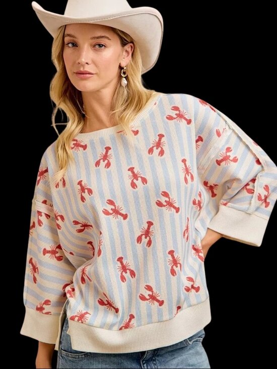 BiBi Tops - BiBi 4th Of July Lobsters Stripe Waffle Knit Sleeve Top